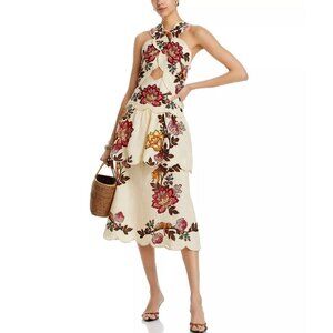 FARM Rio Sand Leopard Flowers Tiered Halter Cutout Midi Dress NWT!